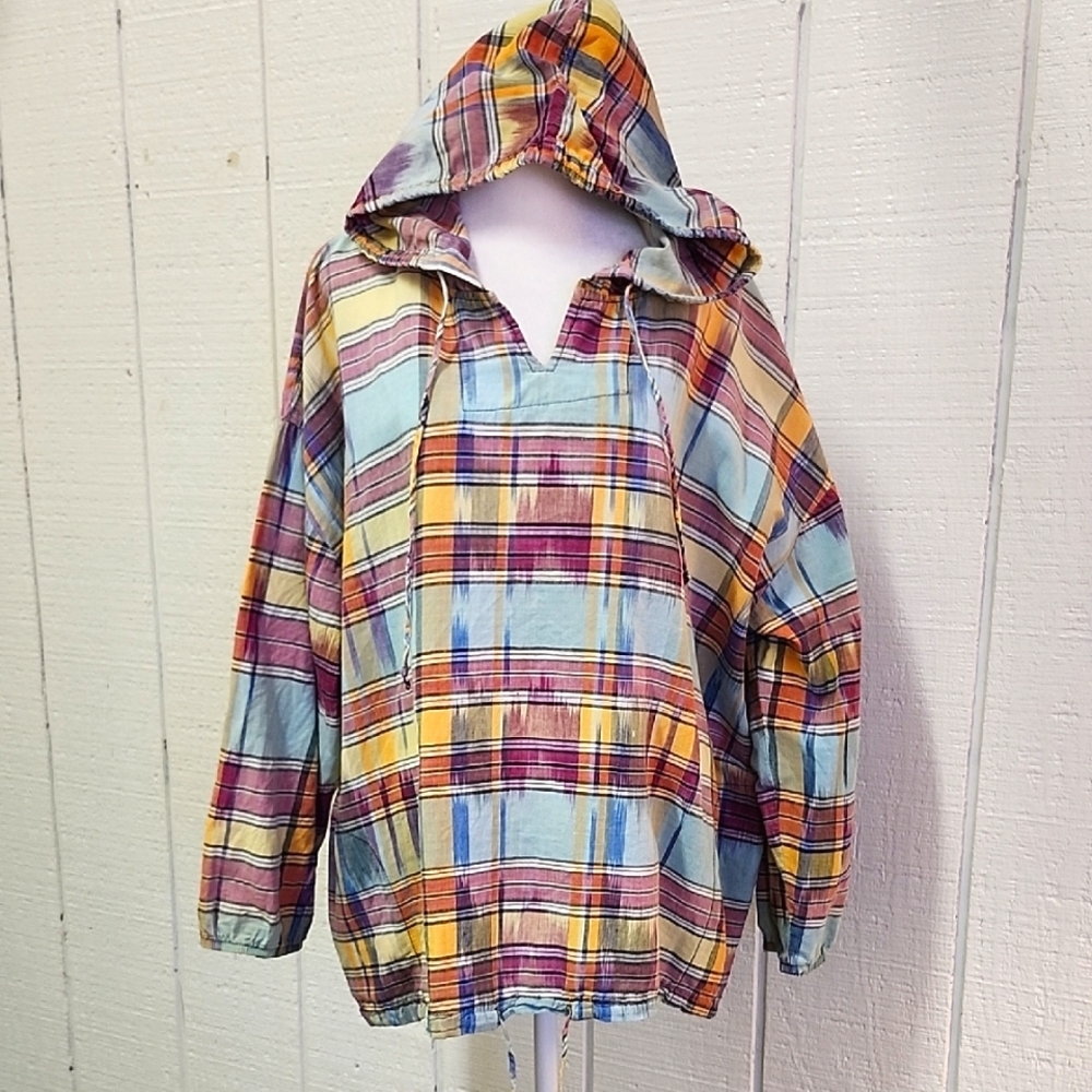 IT'S PAQUETTE Vintage 80's Beach Plaid Hooded Light-weight Oversized Pullover